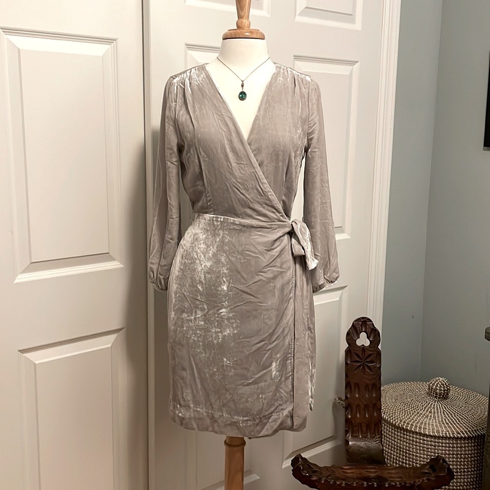 Grey velvet J Crew wrap dress.